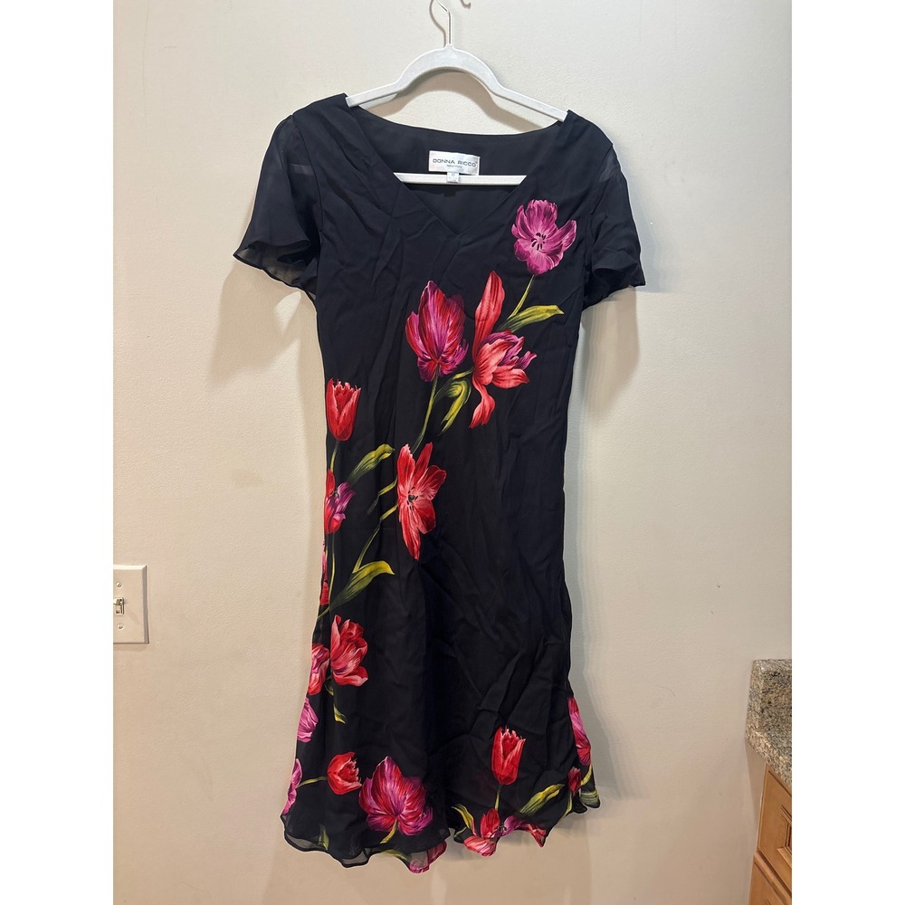 Donna Ricco Black Floral‎ Tulip Print V-Neck Flutter Sleeve Midi Dress Size 10